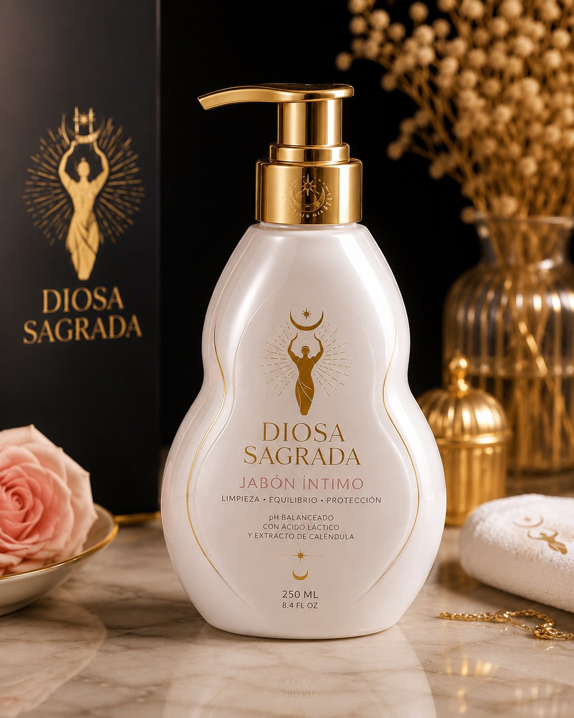 Diosa Sagrada Jabón Íntimo luxury product bottle with gold pump